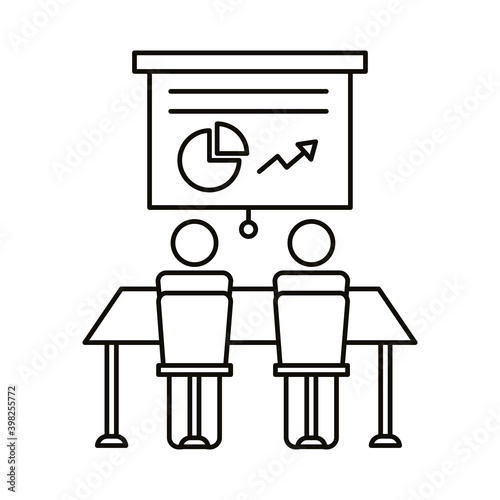 avatars couple coworking with paperboard and statistics line style icon