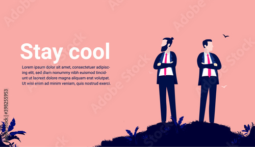 Business stay cool - Two men on hilltop, posing and looking awesome. Brand image and personality concept. Vector illustration.