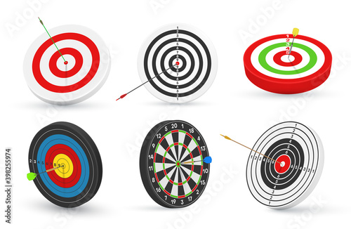 Targets round different styled with arrow, dart in centre. Task completed, goal achieved.