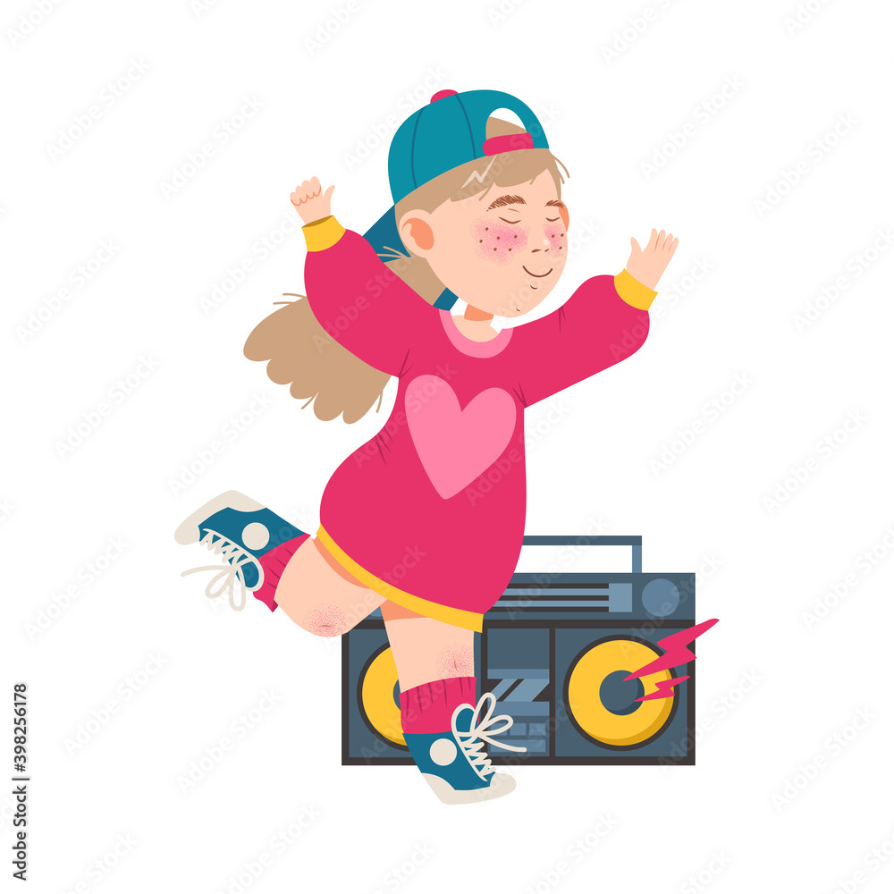 Energetic Girl in Baseball Cap Dancing and Moving to Music Vector Illustration Energetic Girl in Baseball Cap Dancing and Moving to Music Vector Illustration