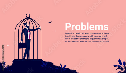 Business problems - Businessman stuck in a cage. Adversity and challenge concept. Vector illustration.