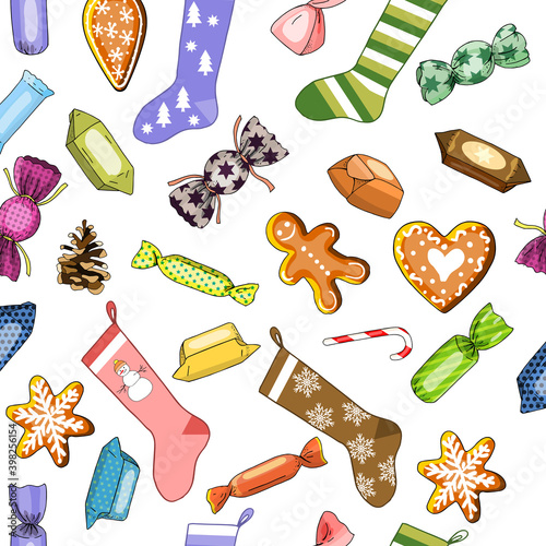 Wallpaper Mural Seamless vector hand drawn pattern of Christmas socks and candies. Torontodigital.ca