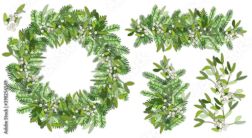 Vector Round Christmas wreath with mistletoe, spruce branches isolated on white.