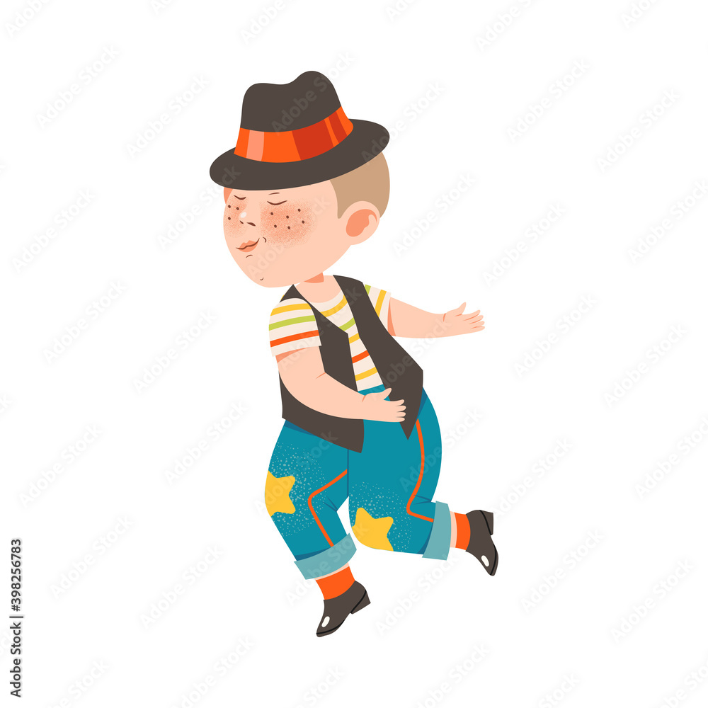Freckled Boy in Wide Brimmed Hat Dancing and Moving to Music Vector Illustration