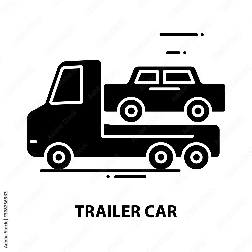 trailer car icon, black vector sign with editable strokes, concept illustration trailer car icon, black vector sign with editable strokes, concept illustration