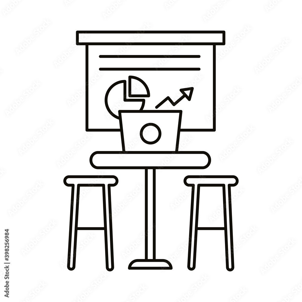 work place coworking with laptop and statistics in paperboard line style icon work place coworking with laptop and statistics in paperboard line style icon