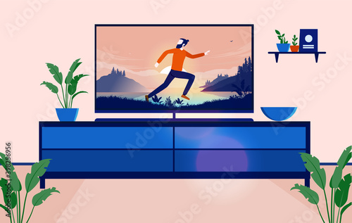 Watching tv series and movies at home - Television with dramatic scene of man running, in living room interior. Vector illustration.