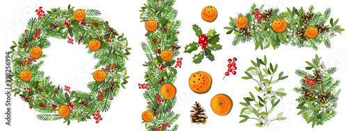 Christmas holiday decorative wreath, seamless border and holiday elements