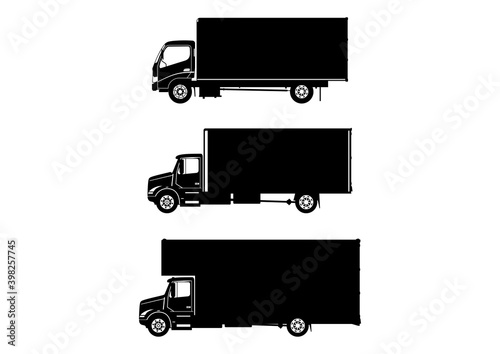 Medium truck. Three silhouettes of medium furniture delivery trucks on a white background. Side view. Flat vector.