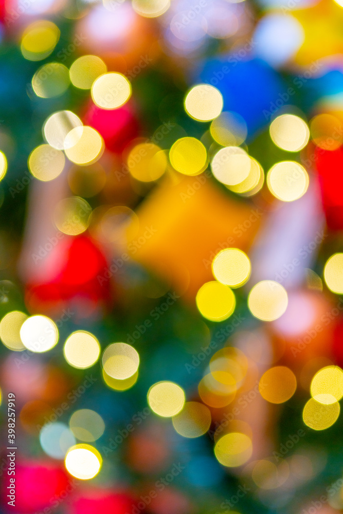 Beautiful bokeh effect. Blurred bright festive Christmas background.