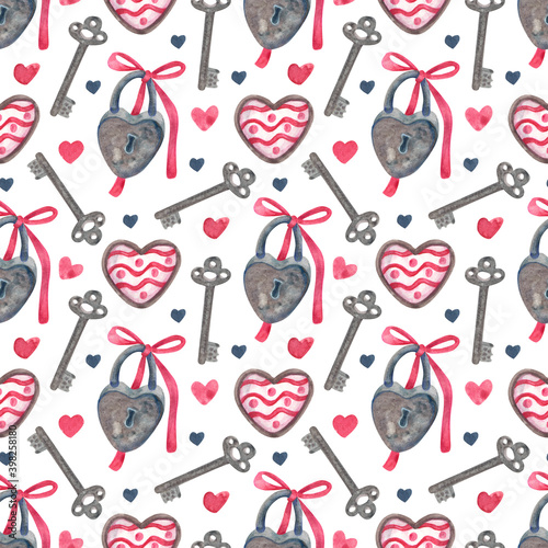 Watercolor vintage seamless pattern with keys, padlocks and hearts for Valentine's day or wedding. Great for fabrics, wrapping papers, wallpapers, covers. Pink, red and indigo colors