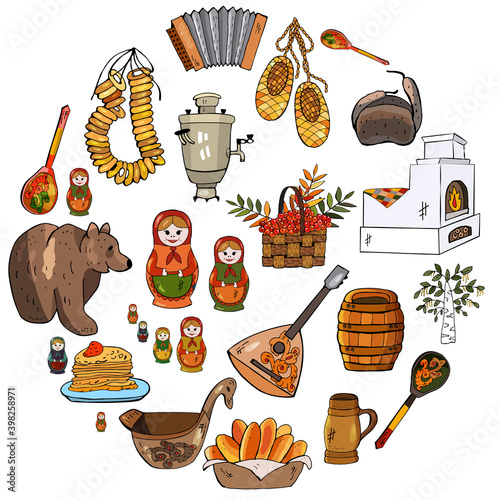 Vector collection of Russian culture images, including russian doll, balalaika, matryoshka, accordion, samovar, bagels, pies, spoon, pancakes, caviar, bear.