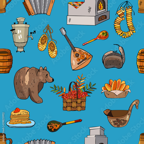 Russian seamless pattern. Background with traditional elements, vector illustration. Russia elements set. Vector hand drawn collection of Russian culture and nature images
