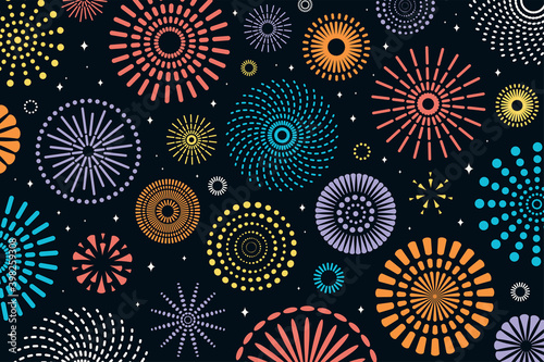 Colorful fireworks vector illustration, different shapes, bright on dark blue background. Flat style abstract geometric design. Concept for holiday celebration, greeting card, poster, banner, flyer.