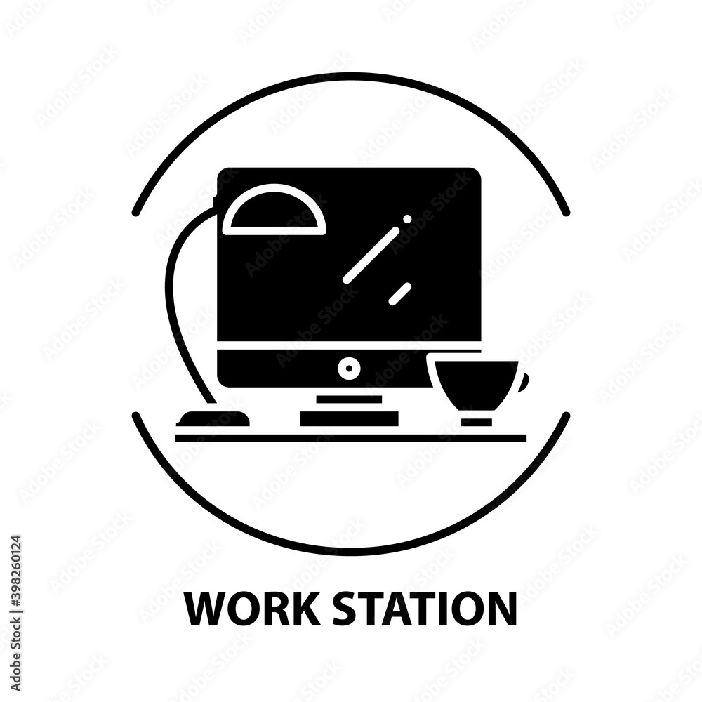 work station icon, black vector sign with editable strokes, concept illustration work station icon, black vector sign with editable strokes, concept illustration