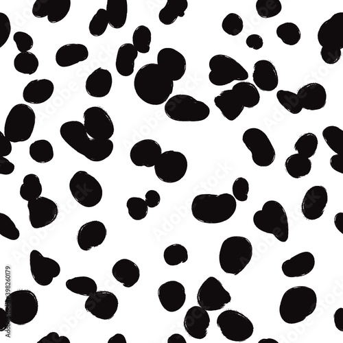 Animal seamless pattern, dalmatian skin vector background, black chaotic spots, with brush texture
