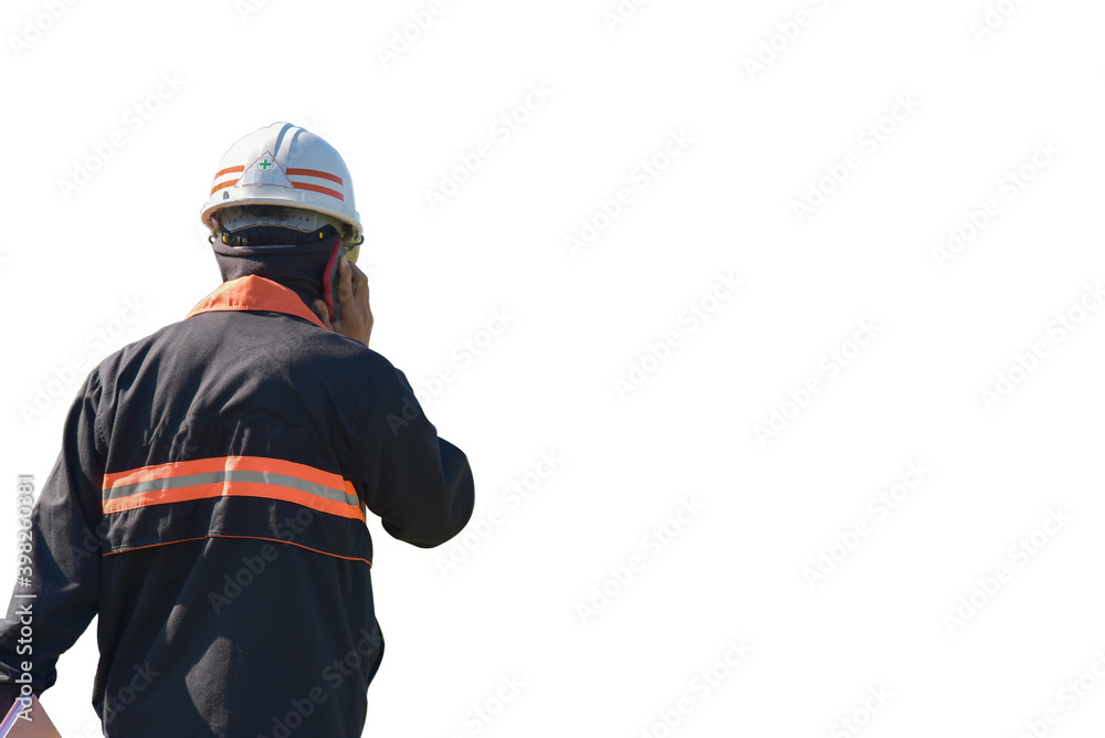 Workers with smartphone and wearing safety helmet hard hat isolated on white background.