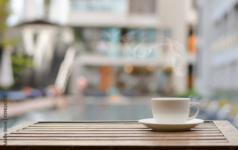 Close up coffee espresso on wood table nature background in garden, Close up coffee espresso on wood table nature background in garden,