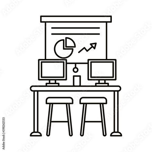 work place coworking with statistics and desktops line style icon