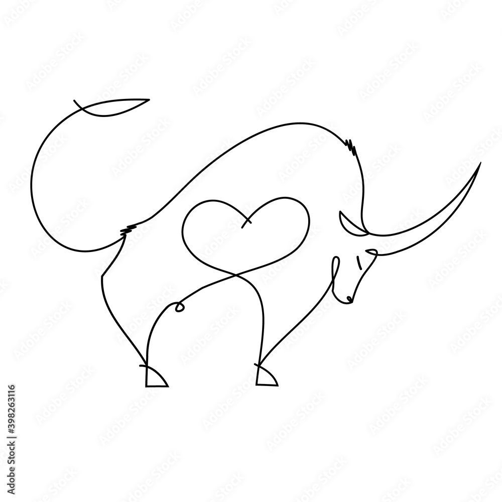 Bull with the heart of one continuous line drawing, Big buffalo symbol. Bull vector icon isolated on white background. Wild bull logo template mascot, icon. Bull with the heart of one continuous line drawing, Big buffalo symbol. Bull vector icon isolated on white background. Wild bull logo template mascot, icon.
