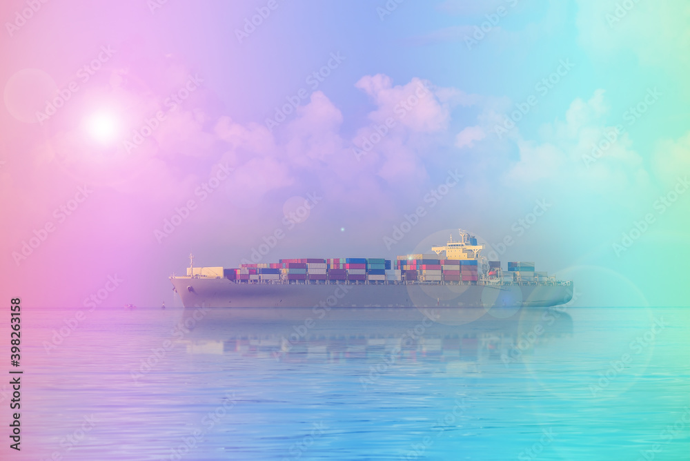 Cargo container ship sailing in the sea with bokeh and light fair, Logistics import export background of container Cargo ship in seaport on blue sky, fright Transportation.
