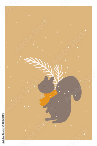 Winter postcard with squirrel and snow