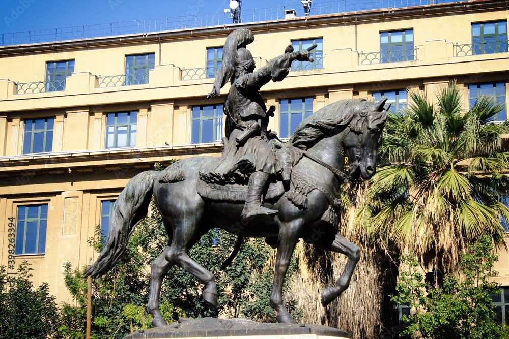 Naklejka premium View of the statue of the General and Greek hero Theodoros Kolokotronis in Athens, Greece, March 12 2020.