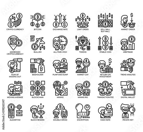 Set of Cryptocurrency thin line and pixel perfect icons for any web and app project.
