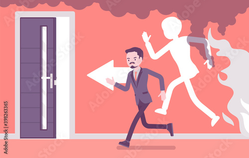 Fire emergency evacuation for man during alarm. Alert building occupant leaving office in a life-threatening situation, potential hazard in a workplace. Vector creative stylized illustration