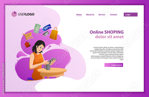 The flat design illustration for presentation, web, or landing page. This woman make online shopping in the web store on a smartphone illustration.
