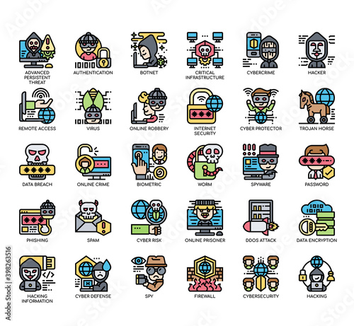 Set of cyber robbery thin line and pixel perfect icons for any web and app project.