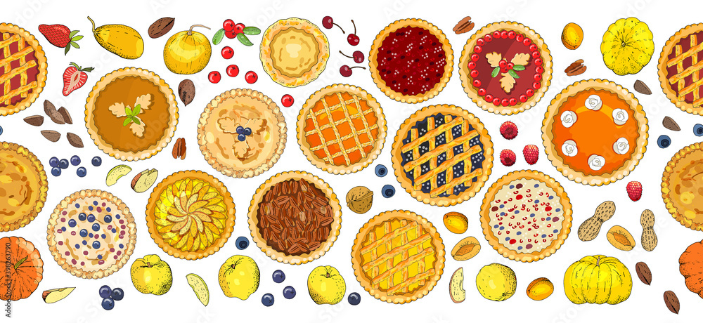 Seamless pattern of pies with different toppings. Vector illustration isolated on white background.