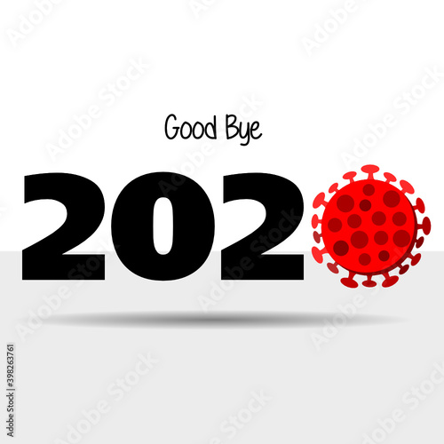 farewell good bye 2020 lettering with covid-19 coronavirus virus cell isolated in white background