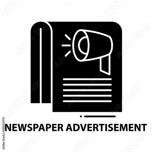 newspaper advertisement icon, black vector sign with editable strokes, concept illustration