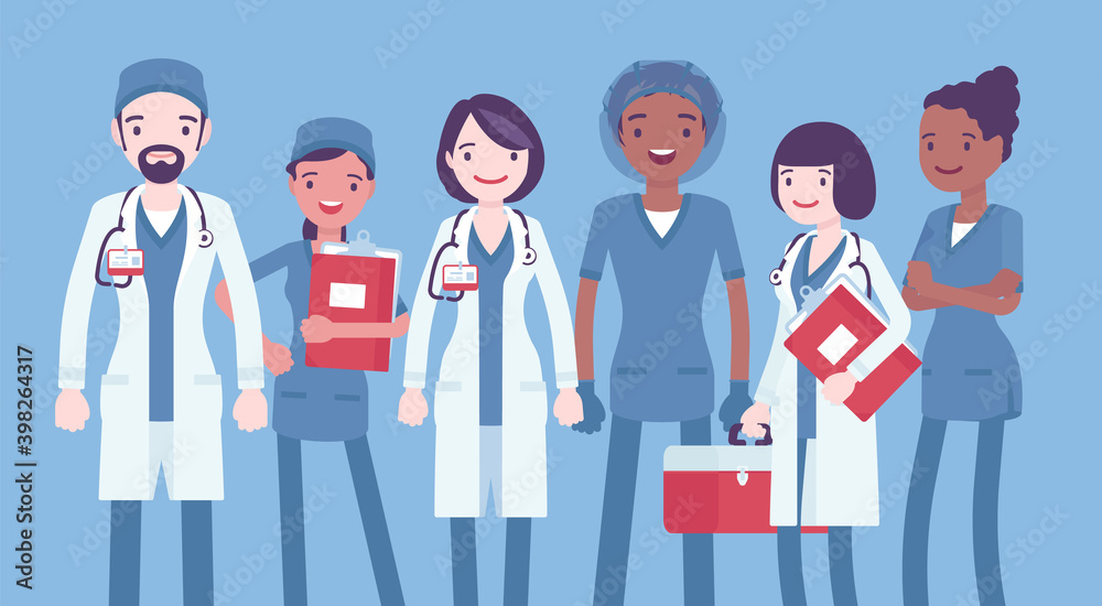 Medical professionals, clinic doctors, hospital nurses, emergency technicians. Diverse group of healthcare workers wearing sanitary clothing and uniform. Vector flat style cartoon illustration