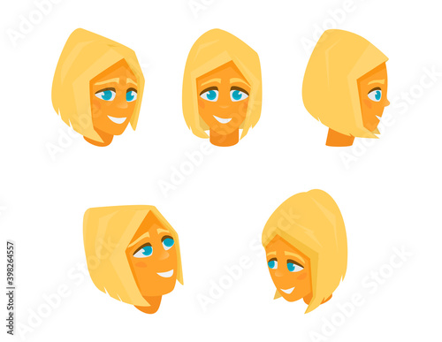 Blonde young girl head from different angles: frontal, profile, three quarters, turn and down and up. Character design. Cartoon illustration. Isolated on white.
