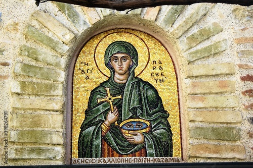 Mosaic of Saint Paraskevi outside of  an old byzantine orthodox church in Athens, Greece, March 12 2020. photo