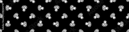 Punk rock monochrome mushroom vector seamless border. Simple alternative banner. Kids fungi emo rocker cute hand drawn cartoon grungy tattoo with attitude motif. 