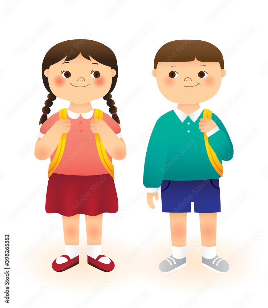Happy smile children girl and boy character go back to school with backpack illustration Happy smile children girl and boy character go back to school with backpack illustration