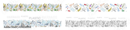 Vector hand drawn set of seamless patterns with sorted plastic garbage isolated on white. photo