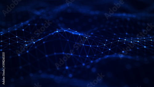 Digital dynamic cyber wave. Abstract futuristic blue background with dots and lines. Big data visualization. 3D rendering.