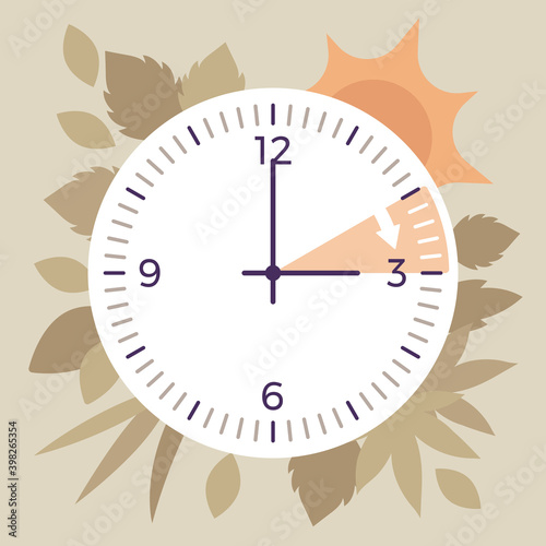 Daylight savings time, DST clock shift design. Setting the clocks an hour ahead of the standard time. Vector creative stylized illustration, sun and spring decoration