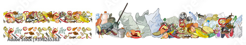 Seamless border with sorted organic garbage. Collection of patterns with separate debris.
