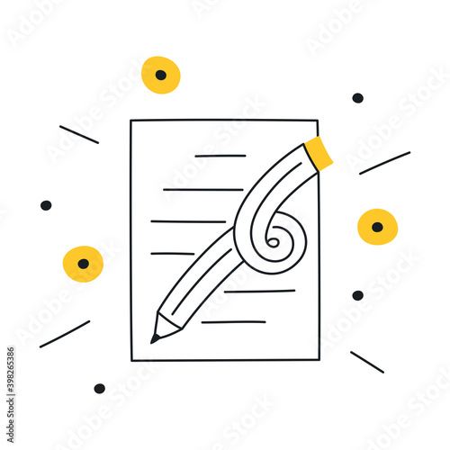 Creative writing, storytelling, content creation, copywriting. A graphic pencil with cute lines symbolizes creativity. Flat line elegant vector illustration on white.