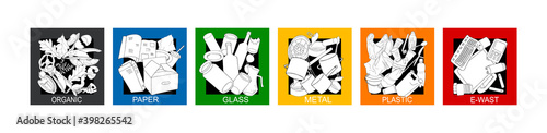 Seamless pattern with different types of garbage. Vector collection of trash.