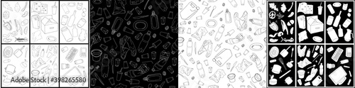 Seamless pattern with different types of garbage. Vector collection of trash.