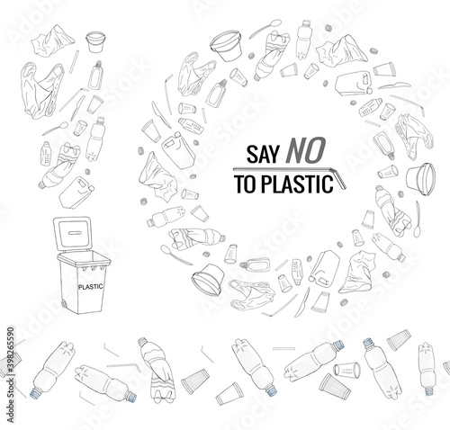 Vector hand drawn set of seamless patterns and objects with sorted plastic garbage isolated on white.