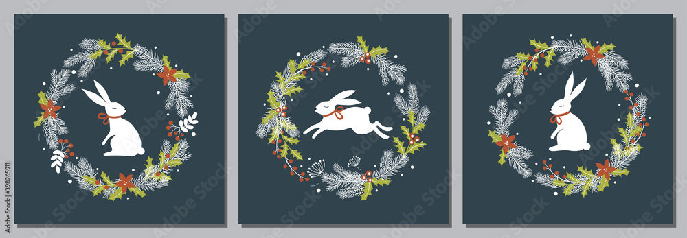 Vector cards set. Christmas coniferous branch wreaths of holly leave branches with poinsettia and rowan bunches, snowflakes. Hare in different positions.