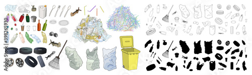 Large set of garbage on white background. Hand drawn vector illustration. photo