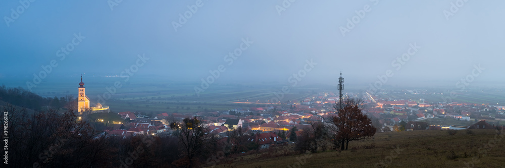 Town View with Mountain Church of St. Martin and Lake Neusiedl, Donnerskirchen, Northern Burgenland, Burgenland, Austria